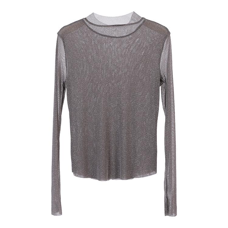 

Feiyuan Women s Semi-Sheer Long-Sleeve Top, Solid Color, Versatile Sexy Base Layer, Tummy Concealer, Spring 2026 Arrival One Size серый