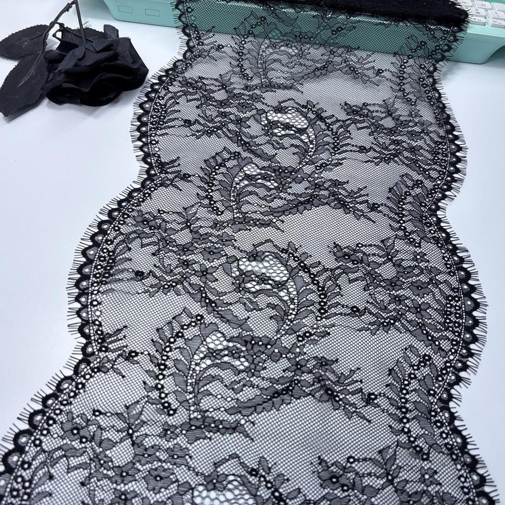 3m X 27.5cm Black Chantilly Lace, Inelastic Scalloped Nylon Lace Fabric with Eyelash for Sewing, Bra, Underwear, Lingerie, Dress, Garment, Crafting