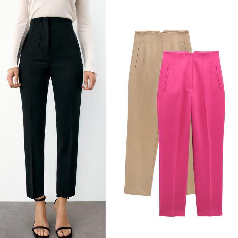Fashion Commuter Front Pleated Ankle-High Waist Casual Pants