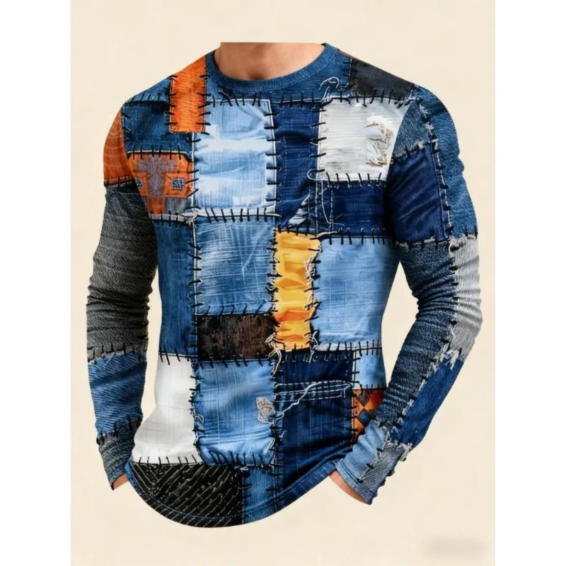 Autumn and Winter Men's Checked 3D Printed Crew Neck Long Sleeve T-Shirt