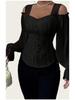 Women's Elegant Off-the-Shoulder Floral Jacquard Shirt - Square Neck, Long Sleeve, Slim Fit