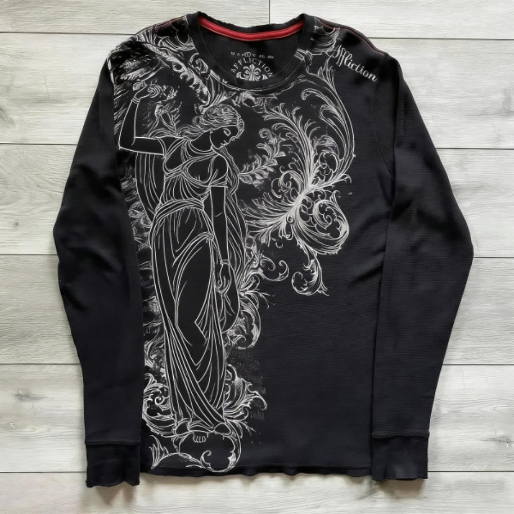 Moda Gotik Uzun Kollu Tişört Moda Yuvarlak Yaka Oversize Tişört Erkek Avrupa ve Amerika Baskılı Günlük Üstler Kadın Sokak Giyimi