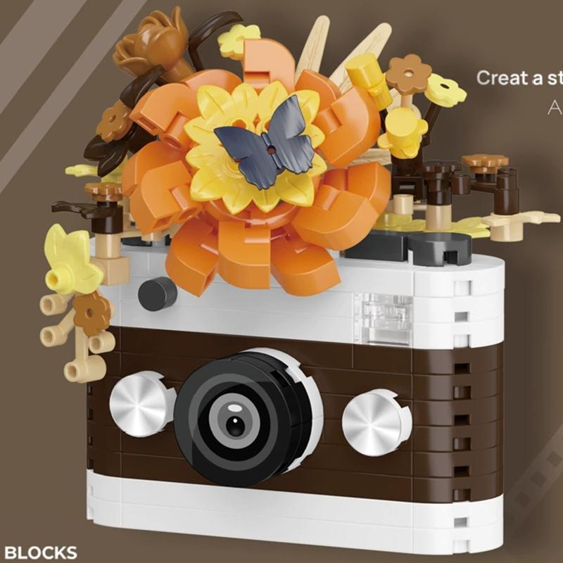 NEW DIY Camera Mirror Flower Film Retro Polaroid Rose Laurel Building Blocks Kit Girls Bricks Movie Model Kids Toy Children