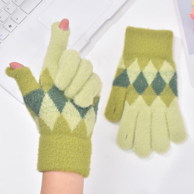 Gloves Warm gloves Fleece thickened gloves Leaky finger knitted middle school student cold-proof plush gloves