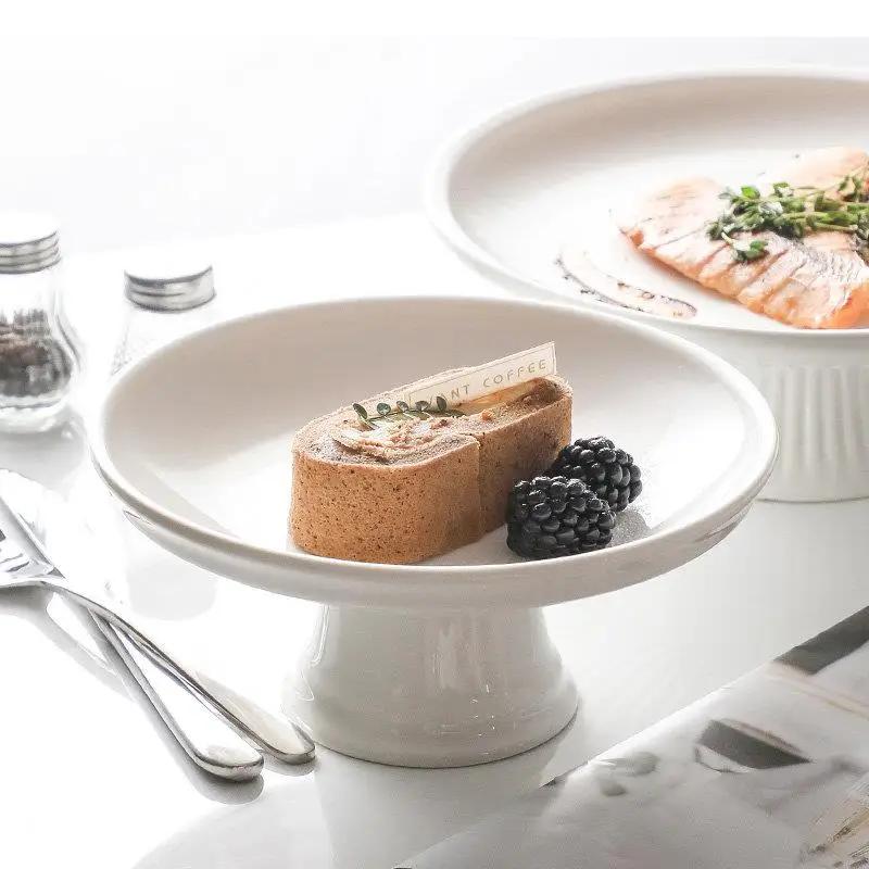 Round High Foot Fruit Tray Ceramic Snacks Dessert Plate Home Solid Color Tableware Bread Cake Display Plates Kitchen Accessories