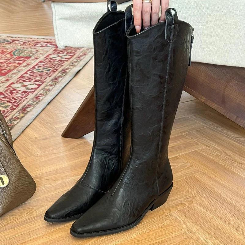 

Остроносые женские высокие сапоги на среднем каблуке, дизайнерские ботинки челси, кожаные туфли до колена в стиле ретро 2024 года, женские гладиаторы Zapatillas 39 чёрный