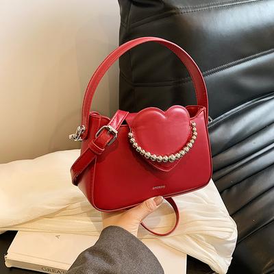 Red Love Beaded Shoulder Bag for Women  New Simple Versatile Crossbody Bags Elegant Fashion Ladies Wedding Handbags