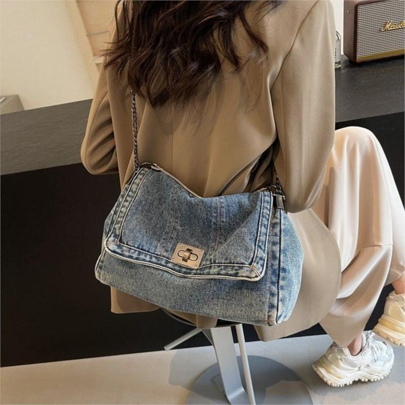 Harajuku Vintage Denim Tote Bag Women Casual Commute Large Capacity Shoulder Bag Ladies Versatile Chain Crossbody Bag