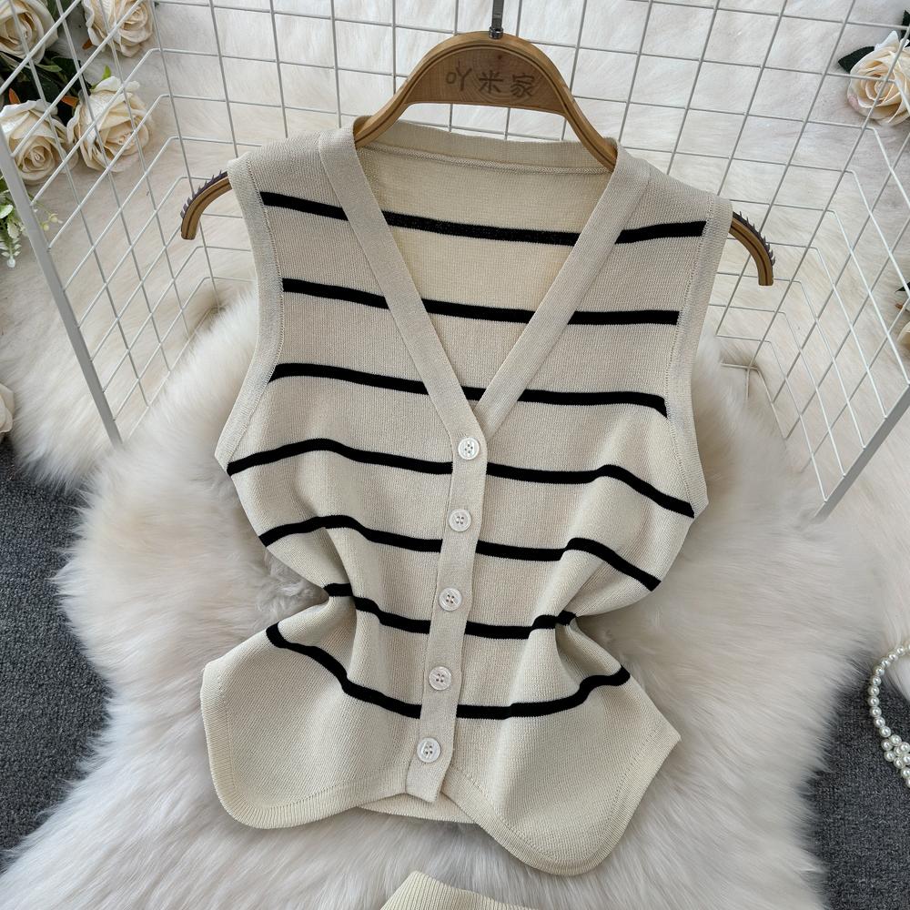 Conjuntos de 2 peças roupas femininas listradas malha sem mangas decote em v tanque + saias envolventes verão cintura alta saia conjunto moda dropship