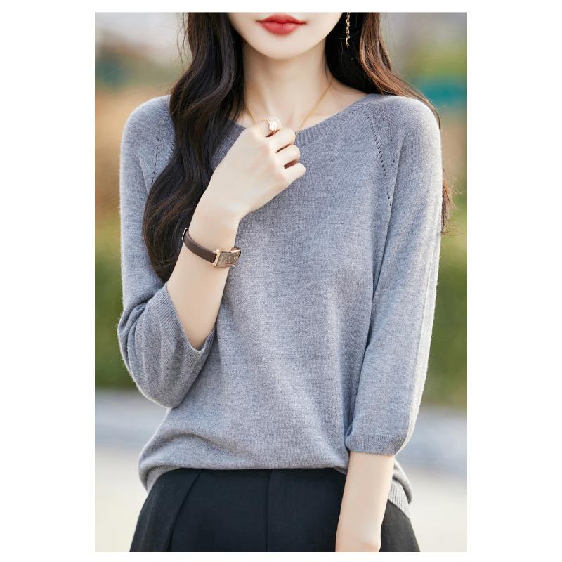 Summer Women's Clothing Crew Neck Knitted Sweater Short-sleeved Five-quarter-sleeved Top
