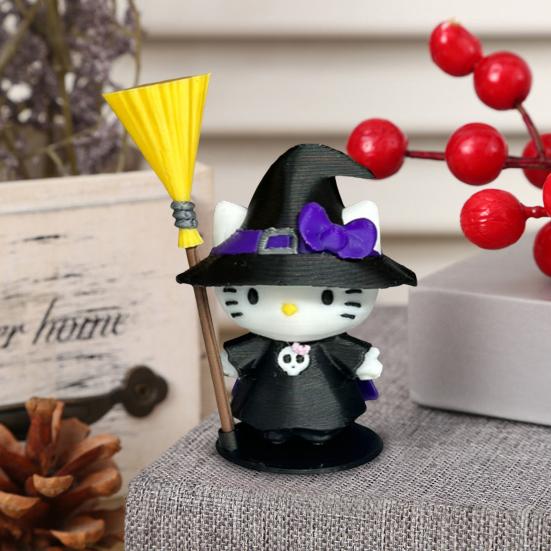 Halloween Witch Cat Figurine Cute 3D Printed Small Cat Witch Statue for Halloween Indoor Home Tabletop Shelf Decor