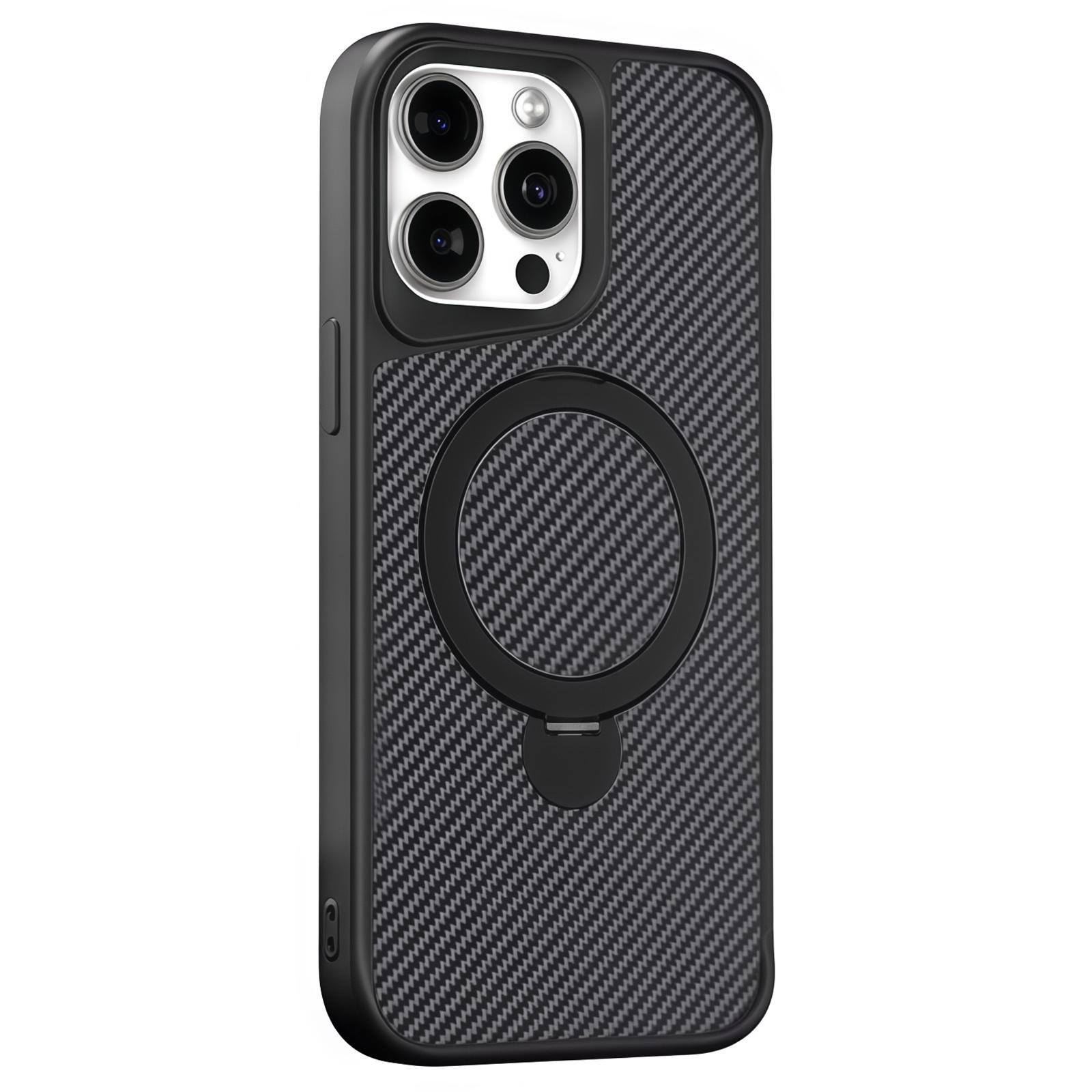 

For iPhone 15 Pro Max Phone Case with Magnetic Kickstand TPU+PC Carbon Fiber Back Cover Black