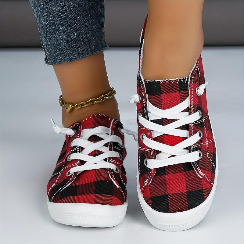 Women's Red & Black Checkered Print Casual Shoes - Breathable Fabric Upper Round Toe Design