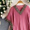 Schwarz Gold Spitzenbesatz Kaftan Abaya Damen V-Ausschnitt Fledermausärmel Quasten Saum Plissiert Lang Maxikleid Islamisch Dezent Lässig Robe