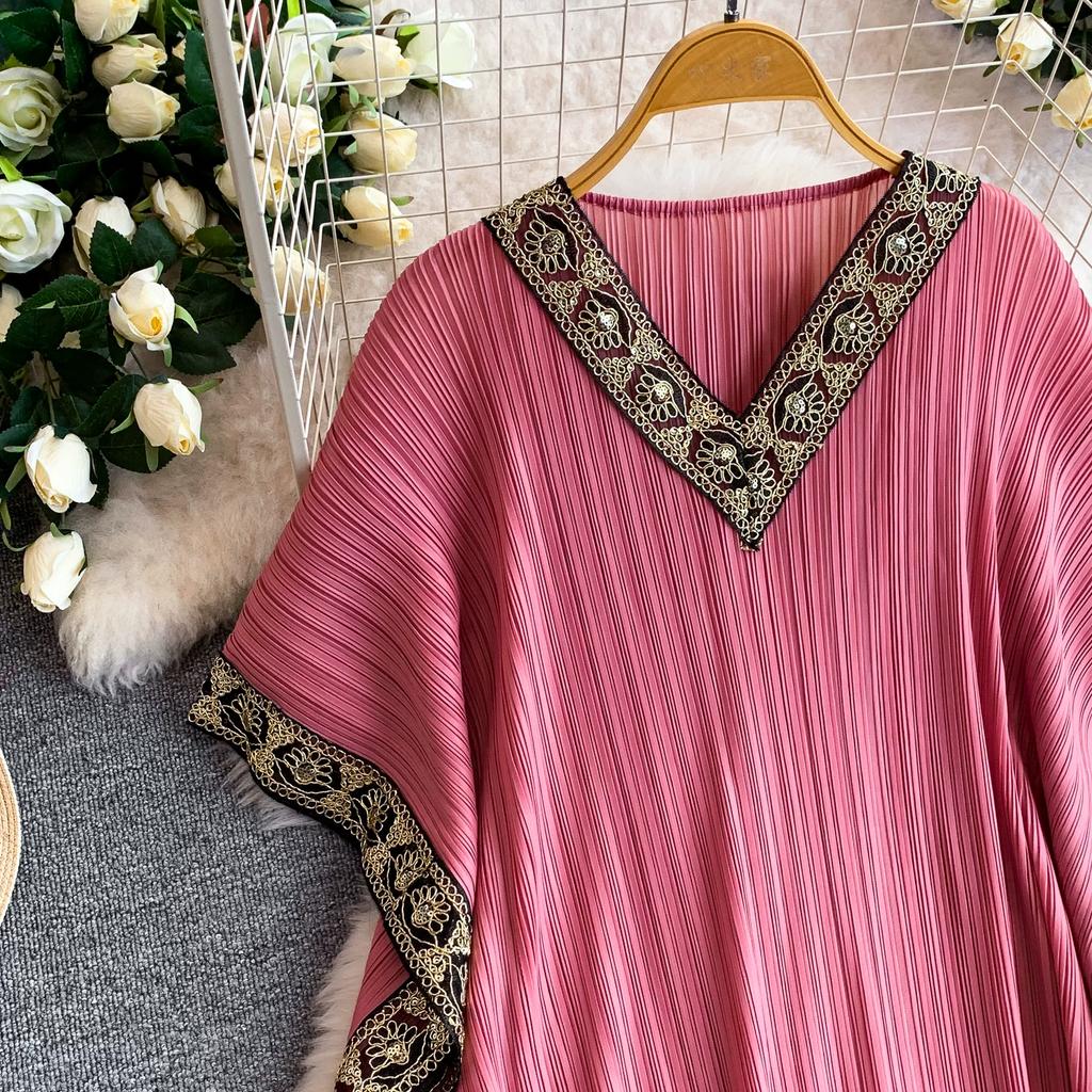 Schwarz Gold Spitzenbesatz Kaftan Abaya Damen V-Ausschnitt Fledermausärmel Quasten Saum Plissiert Lang Maxikleid Islamisch Dezent Lässig Robe