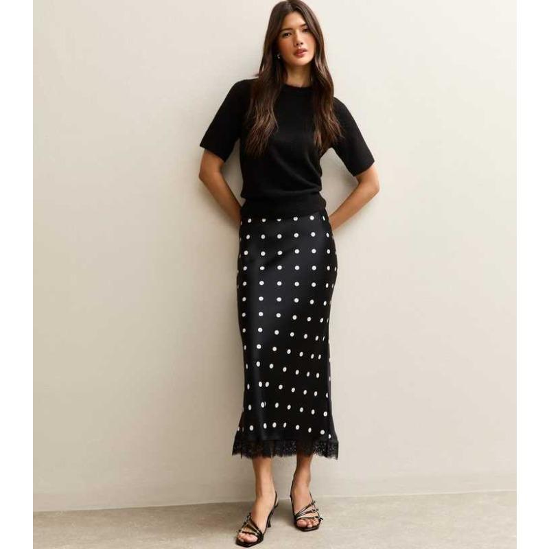 Qooth Lace Patchwork Polka Dot Straight Midi Skirt High-Waist Slimming Half Skirt Fashionable Retro Women's Skirt