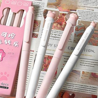 Juego de 4 bolígrafos de gel borrables con forma de gato de dibujos animados Kawaii, para estudiantes, de 0,5 mm, tinta azul y negra, borrables