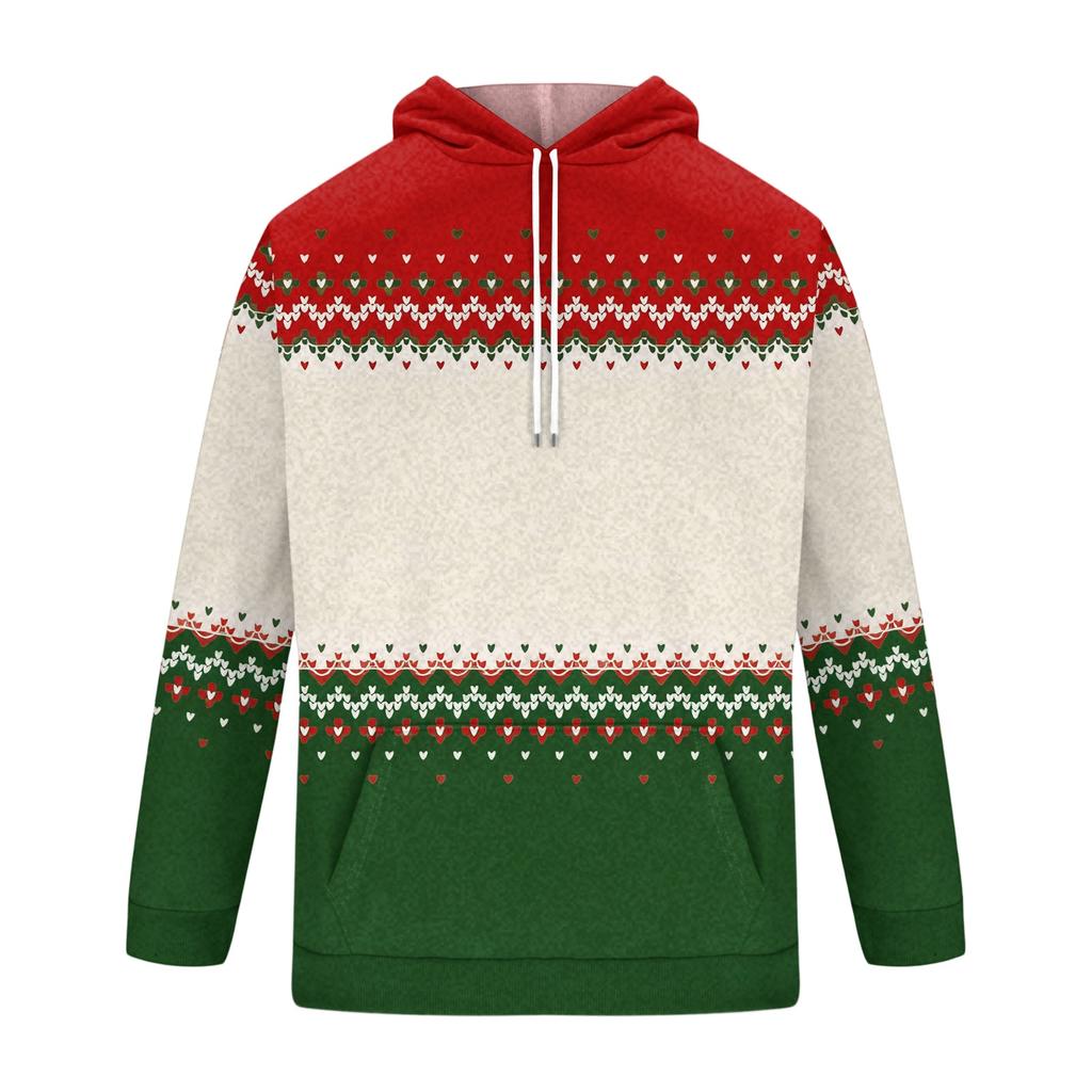 Men's Casual Loose Fit Hooded Sweatshirt with Christmas Print and Large Pockets
