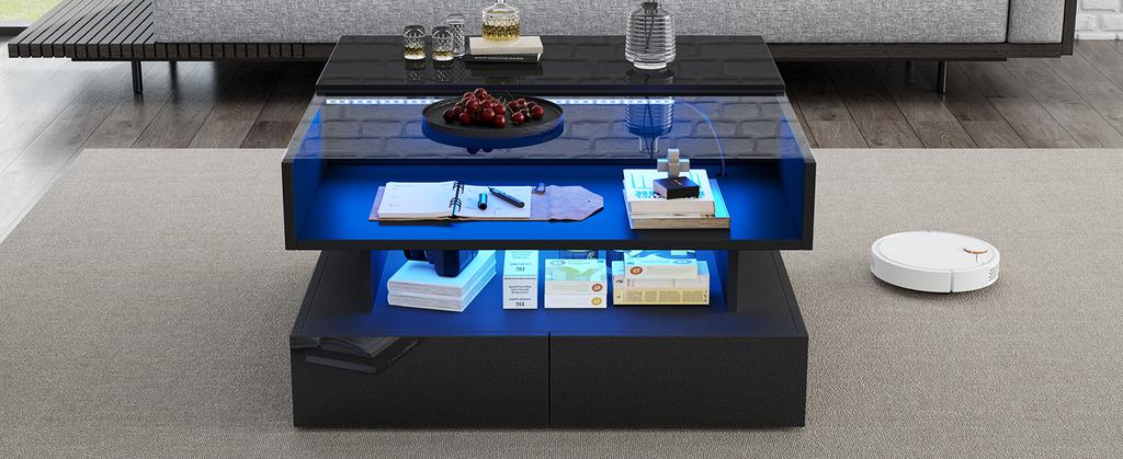 80*80*45cm Height-Adjustable Coffee Table with Hidden Storage and 2 Drawers, LED Lights, High-Gloss, Made of Tempered Glass, Black