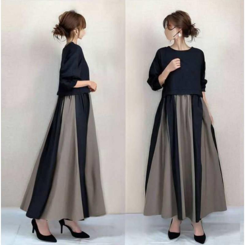 Japanese Style Patchwork Long Sleeve Midi Dress Loose Fit Casual Round Neck Striped Print 2026 Small
