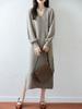 Women's V-Neck Wool Sweater Dress, Loose Fit, Slit Design, Over-the-Knee Length, Large Size, Plain Pullover, Inner Layer Long Skirt