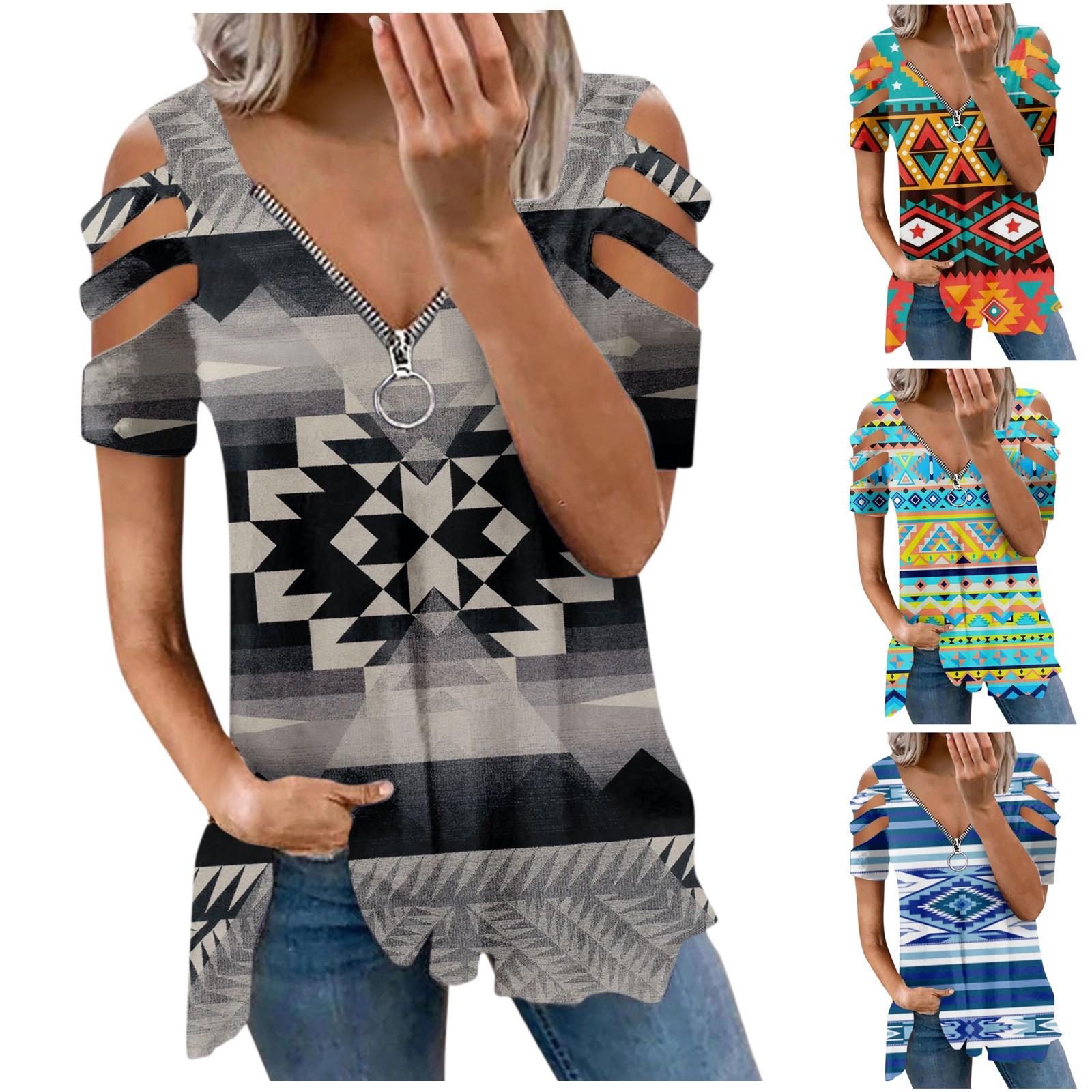 

Женская мода, свободный воротник, молния, v-образный вырез, этническая повседневная футболка с короткими рукавами и принтом, топ