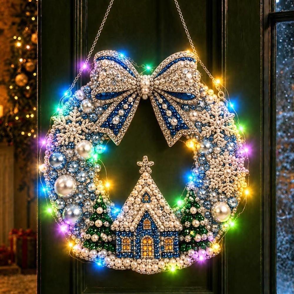 Diamond Sticking Diamond Art Wreath With LED String Light Hanging Wreath Holiday Gift