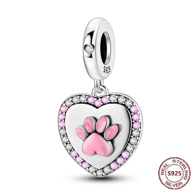 Copper Original Dog Cat Safety Chain Lazy Cat Pink Zircon Pet Paw Print Footprint Charms Fit Bracelet For Women Diy Jewelry