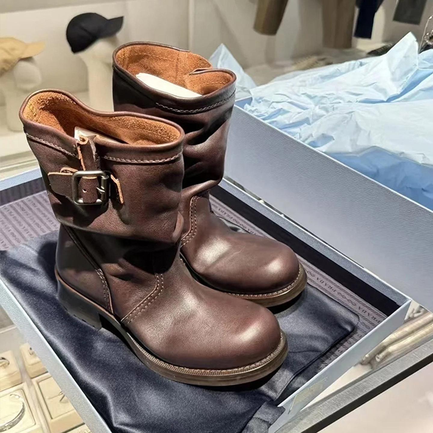 

Cowhide version~ 2025 new super soft mid-tube western cowboy boots women s thick heel round head knight boots short Martin boots 40 коричневый