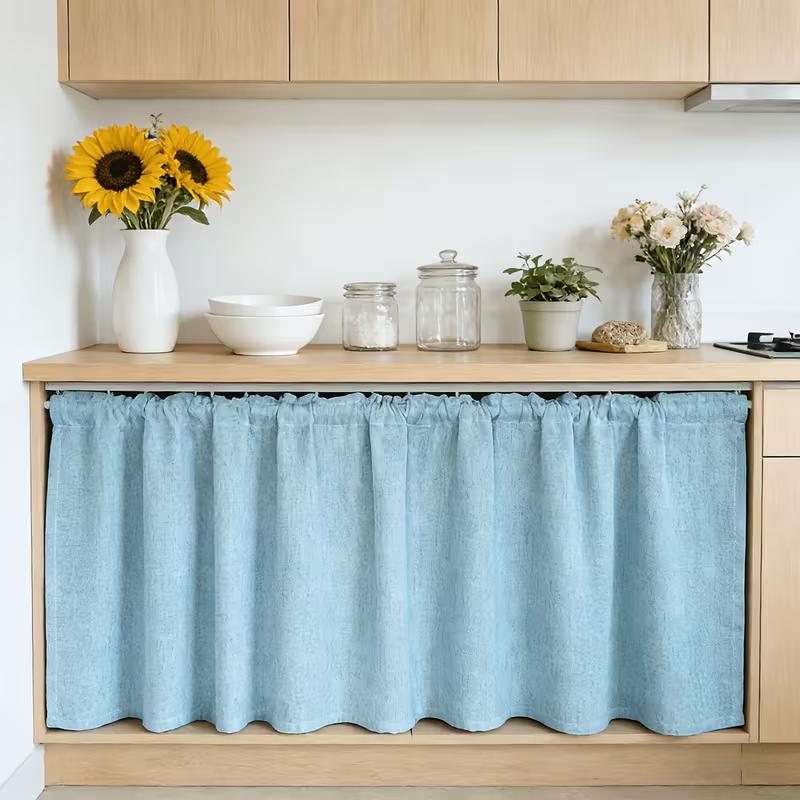 Natuurlijke Linnen Textuur Korte Cafe Gordijn Lichtfilterende Raambekleding voor Keuken Slaapkamer Erker Decoratie 1pcW100xL45cm&Rod pocket &1 panel blauw