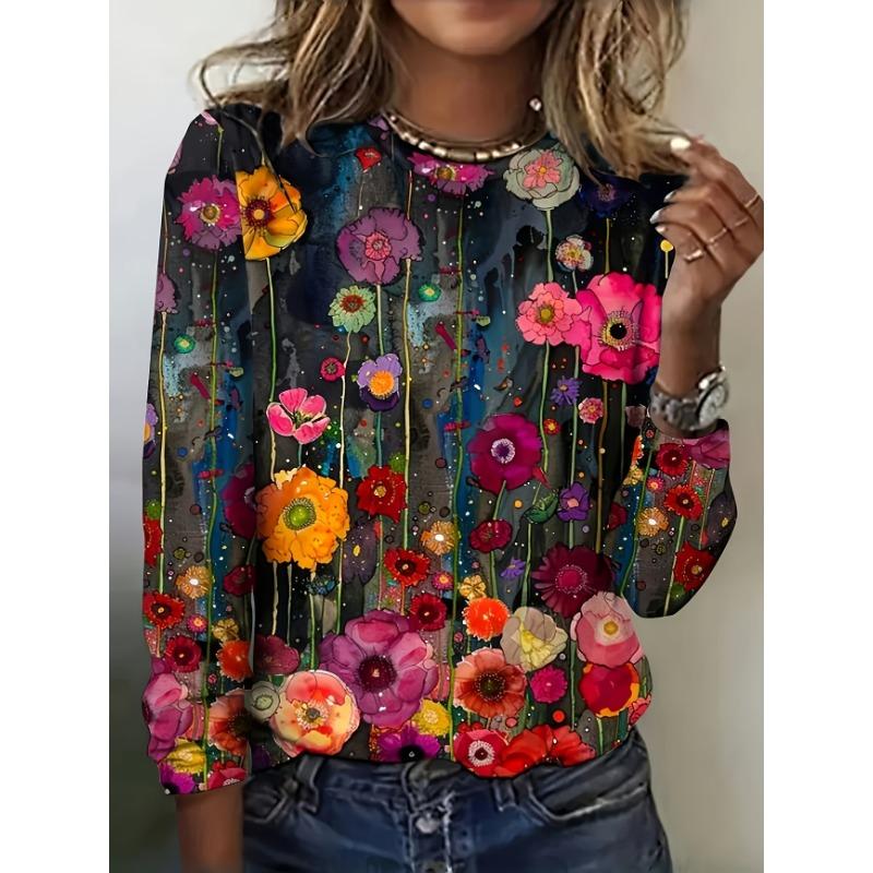 Maglione Largo da Donna 2026 Primavera, Estate, Autunno e Inverno Nuovo Design Stampato Top T-shirt a Manica Lunga Girocollo Taglia Larga