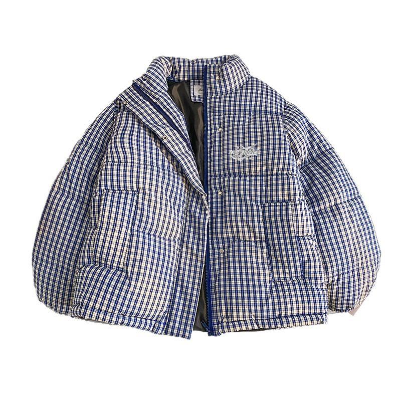 Blue Embroidered Plaid Down Cotton Coat for Women Winter New Style Small Loose Bread Coat and Cotton Coat