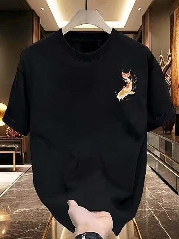 Men's New Fashion Retro  Solid Color Fish Printing Pure Cotton Short-sleeved T-shirt Men's Ruffian Handsome Large Size Top Tide