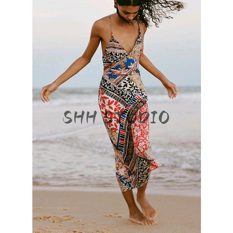 Spring and Summer New Women's Clothing V Neck Intimates Style French Patchwork Print Sling Midi Skirt Dress 3002244