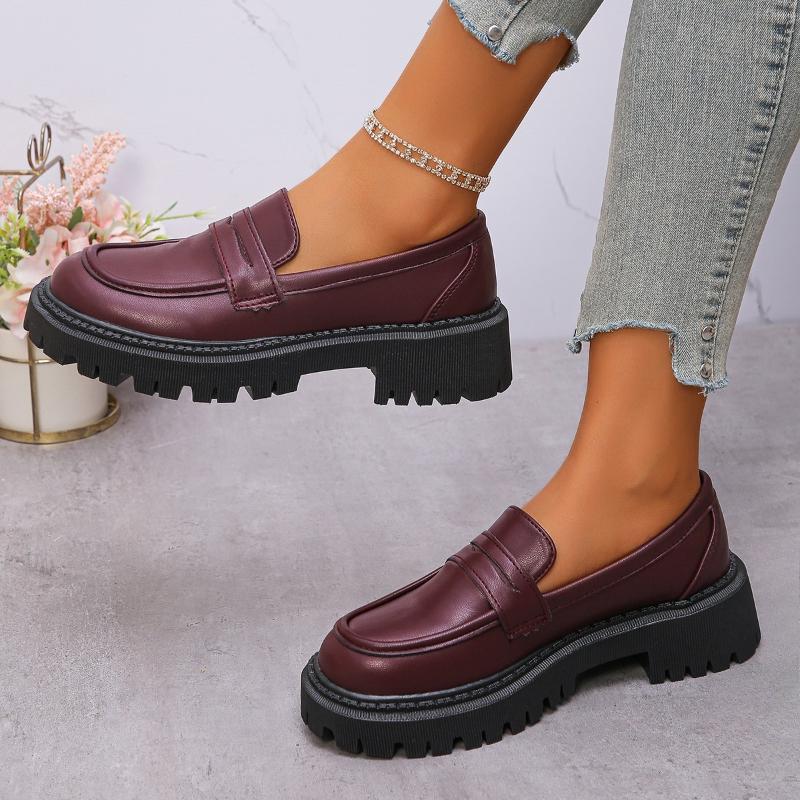 2026 Nowe Modne Damskie Płaskie Buty w Brytyjskim Stylu Gruba Podeszwa Codzienne Mokasyny Okrągły Nosek Poliuretan Guma Sprężyna Jesienne Płaskie Buty