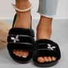 Fashion Metal Butterfly Decor Plush Slippers Women Indoor Home Open Toe Faux Fur Slides Woman Shiny Crystal Comfortable Fluffy Slippers