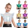 Kids Dance Shirt Metallic Mock Neck Mesh Patchwork Rhinestone Ruffle Crop Top with Press Buttons