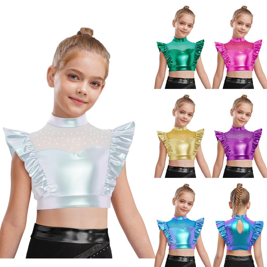 Kids Dance Shirt Metallic Mock Neck Mesh Patchwork Rhinestone Ruffle Crop Top with Press Buttons