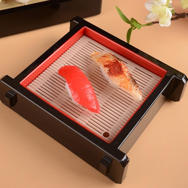 Cold Noodles Plate Plastic Food Plate with Bamboos Mat Food Snacks Dishes Serving Platters Easy to Clean Food Platter