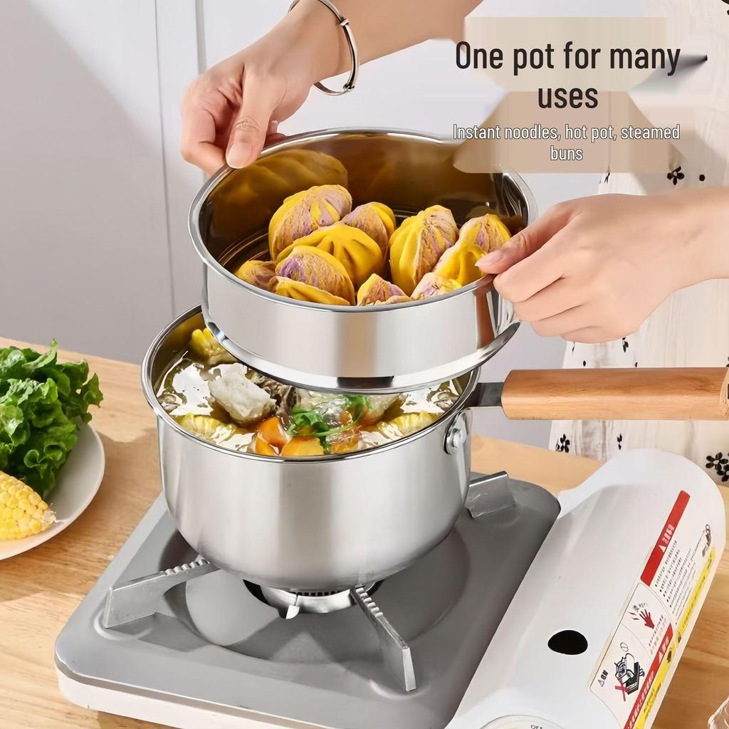 Stainless Steel Milk & Baby Food Pot with Thickened Base and Wooden Handle, Multi-functional Steamer Pot