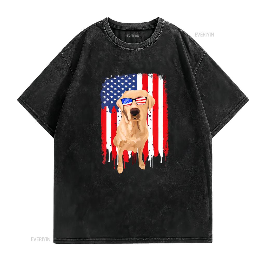 Labrador Retriever T Shirt Independence Day 4th July USA Flag Vintage Washed Graphic Breathable Slightly Streetwear Homme