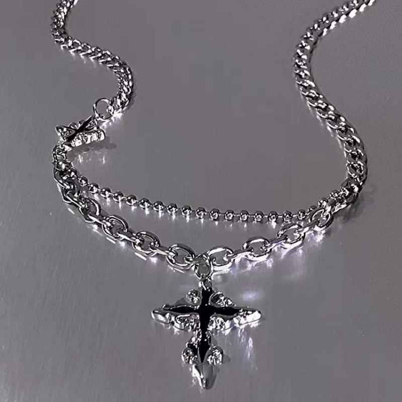 Hiphop Punk Long Chain Cross Necklace for Women Men Punk Double Layer Splicing Chain Necklace Charm Trend Neck Jewelry Halloween