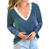 2024 New Autumn and Winter Casual Loose V-neck Stitching Lace Long-sleeved T-shirt Women
