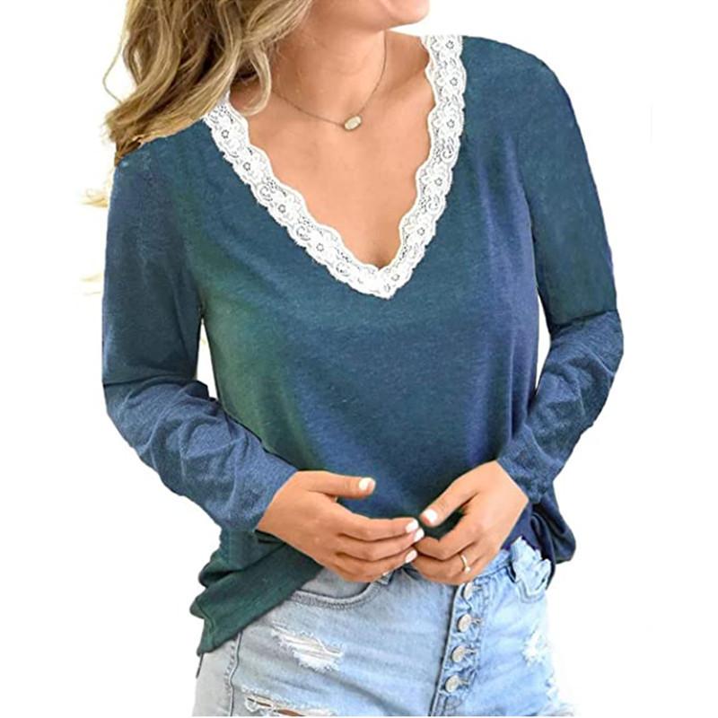 2024 New Autumn and Winter Casual Loose V-neck Stitching Lace Long-sleeved T-shirt Women