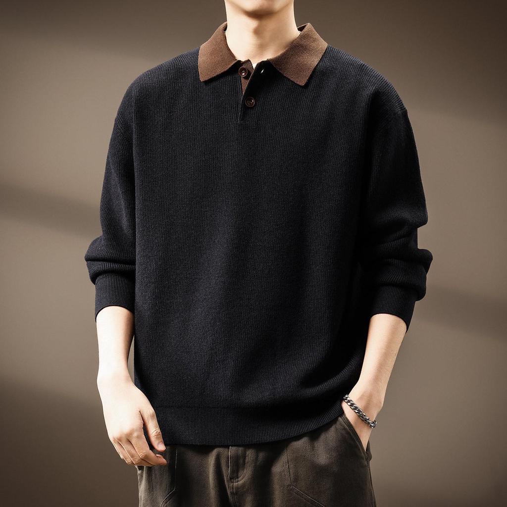 Men's High-End Heavyweight Cotton Color Block Polo Sweater - 2025 Spring/Autumn Collection