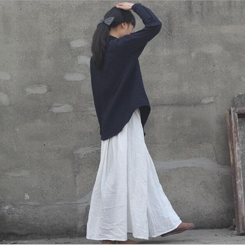 Women Cotton Linen Elastice Waist Floor Length Autumn Pleated Casual Long Skirts
