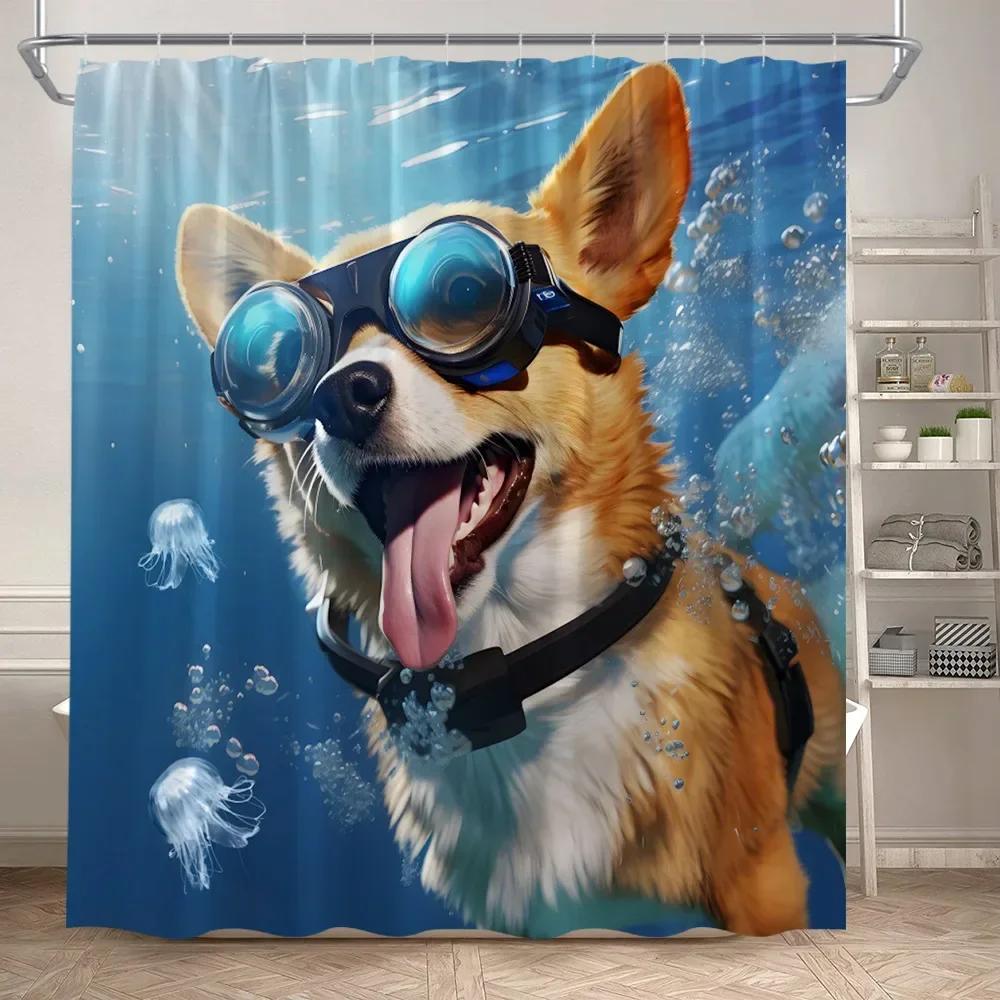 

Funny Diving Cat Shower Curtain Cute Underwater Animals Fish Aquatic Plants Kids Bath Curtains Fabric Bathroom Decor With Hooks W60H190(CM)-1 Pcs