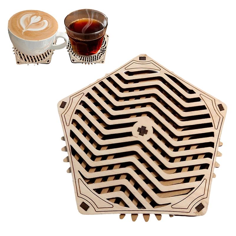 Kinetic Coaster Handmade Unique Pentagram Design Swivel Wooden Coasters Subtle Spiral Texture For Home/Office Decor Gifts