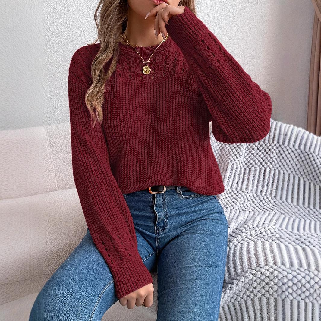 

HNXC Autumn Winter Casual Solid Color Hollowed-out Lantern Long-sleeved Pullover Sweater Women s Wear M бордовый
