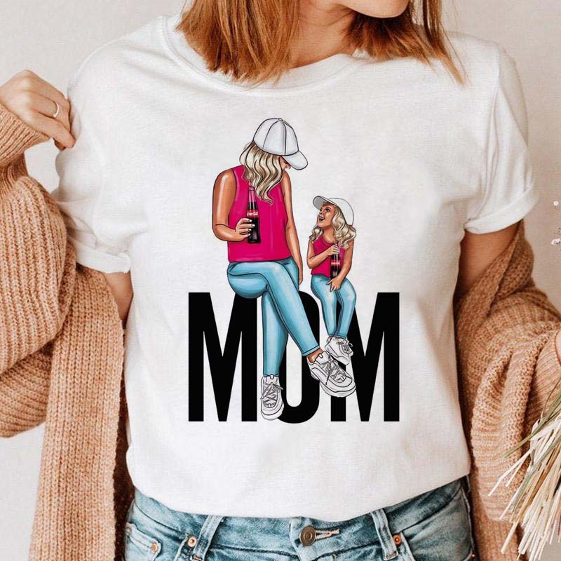 Maycaur Women Cartoon Mom Mother Boy Girl Print Mother Lady T-shirts Casual Top T Shirt Ladies Womens Graphic Female Tee T-Shirt